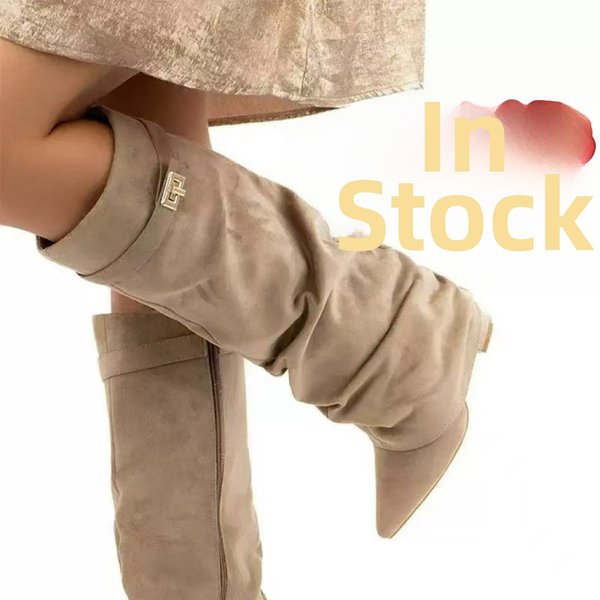 Women's Pointed Toe Straight Leg Boots Pleated Mid-Calf Metal Buckle Chunky Heel plus Size Foreign Trade Shoes