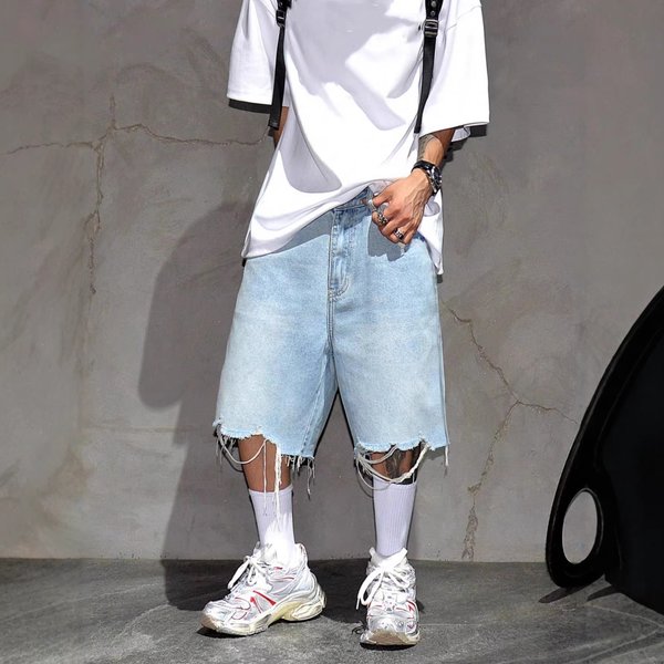 Men's Clothing Trendy Loose Straight Leg Denim Shorts American Style Street Style Five Point Pants Cool-image