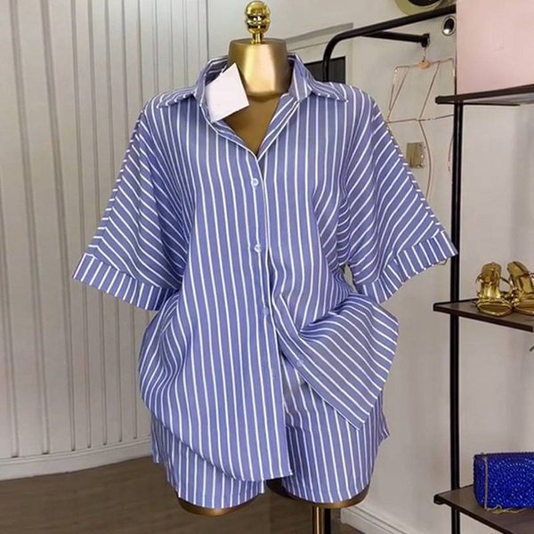 Women's Blue Striped Long Sleeved Shirt Casual Suit With Waist Belt European American Style Lapel Fashion Summer New-image