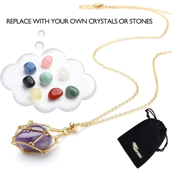 Interchangeable Natural Holder Necklace Crystal Cage Stone Pendant Aesthetic Gemstone Wolf Tide Jewelry For Men Women-image