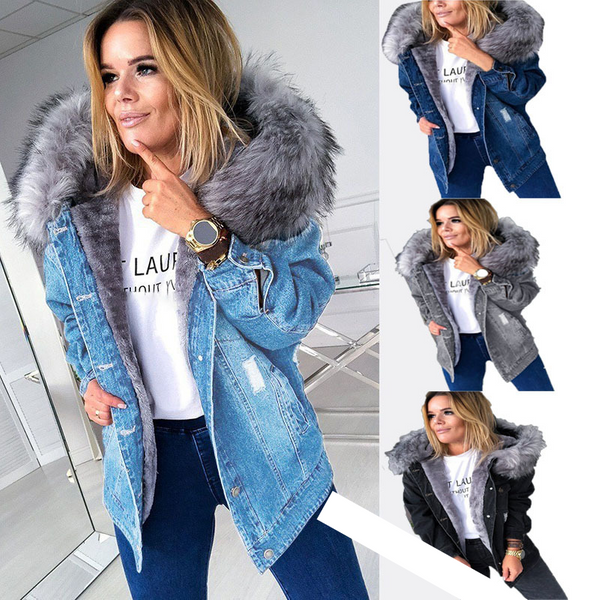 Women's Clothing New Plus Plush Collar Women's Slim Cotton Denim Jacket-image