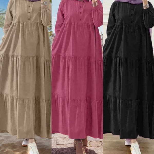 Women’S Clothing New Muslim Solid Color Loose Casual Button Neck Long Sleeved Cotton And Linen Dress-image
