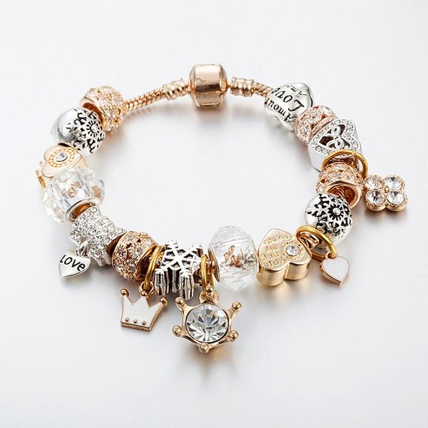 Pan Family's New Best-Selg Crystal Beaded Bracelet Women's DIY Crown Love Snowflake Pendant-image