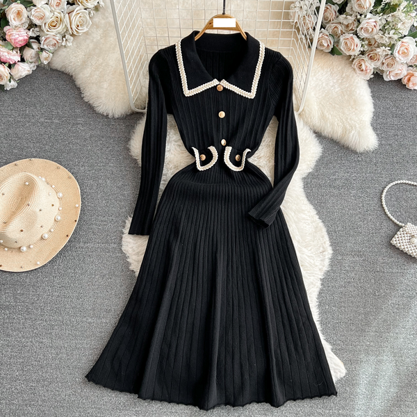 Women's Clothing Celebrity Temperament Contrast Color Long Sleeves Baby Collar Waist Slimming Medium Long A Line Large Swing Knitted Dress-image