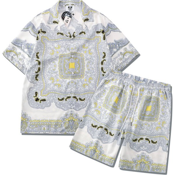 Men's clothing high street floral shirt suit retro palace full print positioning shirt casual cardigan shorts matching men
