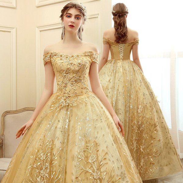 Golden Evening Dress For Women Atmospheric Stage Performance Tutu Skirt Long Host Company Annual Meeting Dress-image