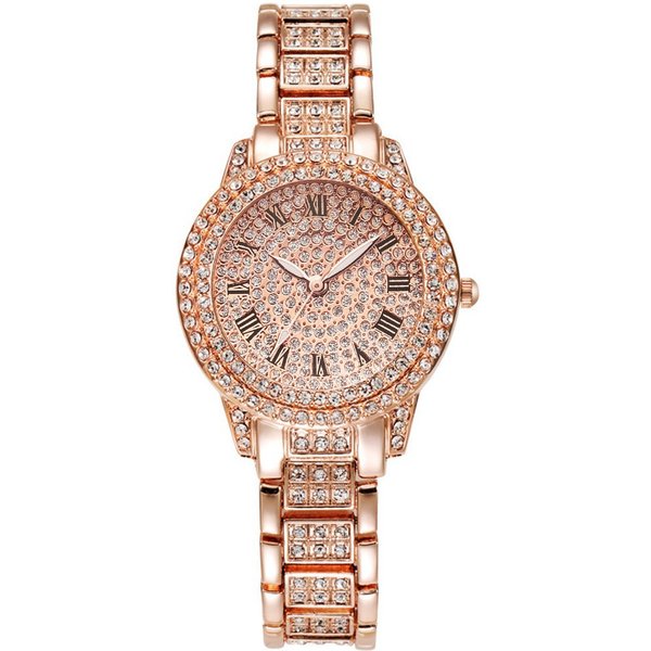 Full Diamond Roman Numeral Steel Band Dial Starry Sky Elegant Business Quartz Watch Hip-Hop Style Bracelet Set