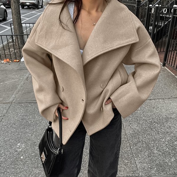Women's Clothing Elegant Khaki Wool Blend Trench Coat For Women - Double-Breasted Winter Overcoat With Relaxed Fit