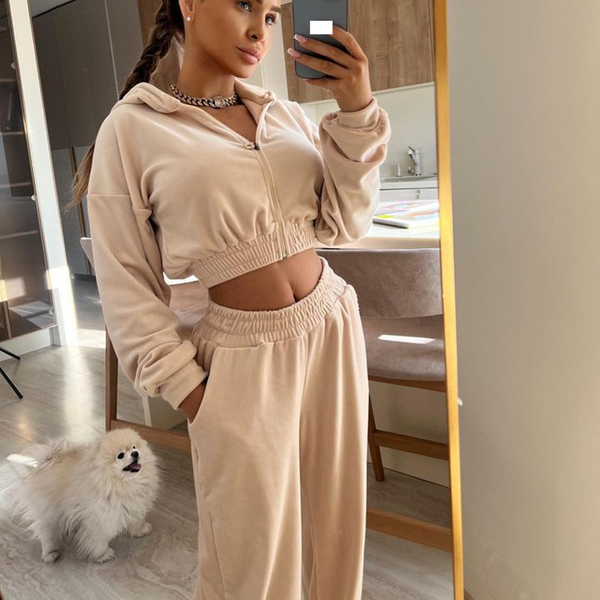 Women's Clothing suit long sleeved zipper hooded casual sweatshirt elastic trousers two piece suit