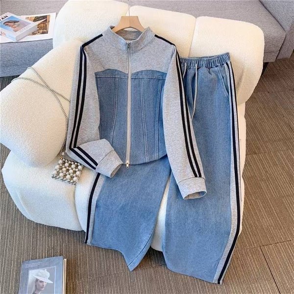 Women's Clothing Stylish And Slim, Denim Splicing, Contrasting Colors, Casual Straight Pants, Popular Two Piece Suits-image