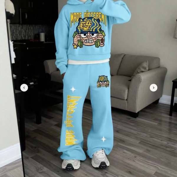 Light Blue Cartoon "Get Rich" Boy Sweatshirt And Pants Set for Men Loose Fit Hip Hop Style Wide Leg Trousers