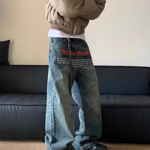 Autumn New Men's Trendy American Vintage Letter Print Jeans Men's Hip-hop Design Straight Leg Denim Pants Baggy Trousers Jeans