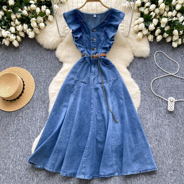 Women's Clothing Retro Design V Neck Ruffle Stitching Single Breasted Waist Slimming Temperament Knee Length Denim Dress
