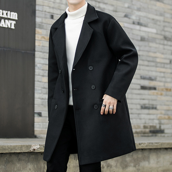 Men's double-breasted woolen coat Men's mid-length over-the-knee trench coat