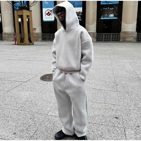 Men's Clothing Fashion Brand High Street Loose Plus Velvet Hooded Sweatshirt Loose Drawstring Sweatpants Suit Unisex-image