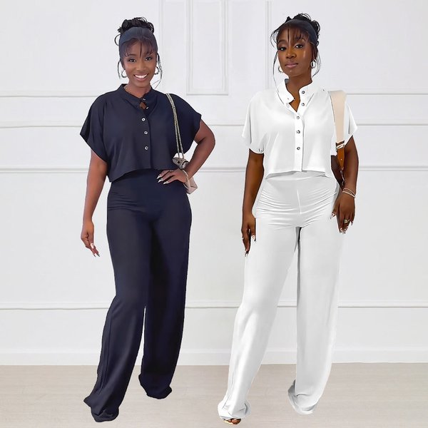 Women's Versatile Short Cardigan Top Solid Color Straight Women's Trousers Casual Two-Piece Set-image
