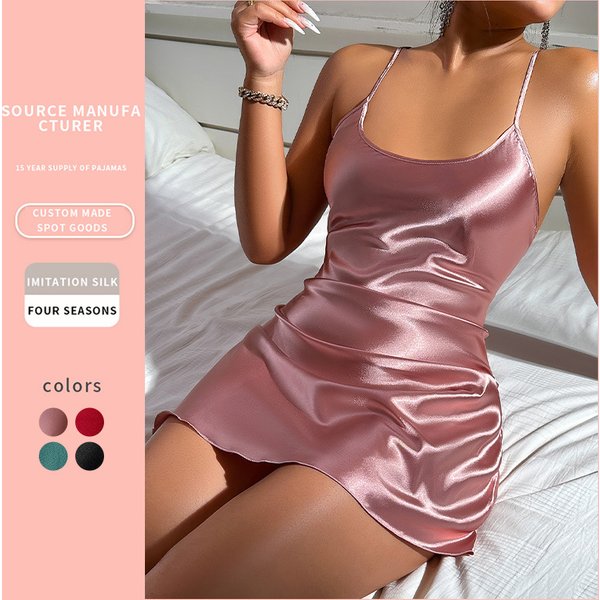 Women's Sleepwears Sexy Backless Ice Silk Suspender Skirt Pajamas Short Skirt Home Clothes Simulation Silk Nightgown