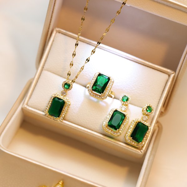 Necklace Women's Net Red, Emerald, Zircon, Junior Earrings, Pendant, High Sense Set, Colorless Titanium Steel Lock Bone Chain, Female-image