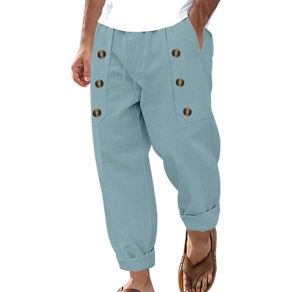 Men's Clothing Casual Beach Men's Casual Multi button Cotton and Linen Loose Trousers