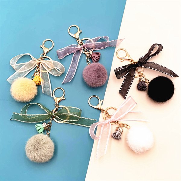 Bag Charm Cute Bow Keychain Lace Fur Ball Bag Plush Pendant Cartoon Car Keychain Small Gift Accessories-image