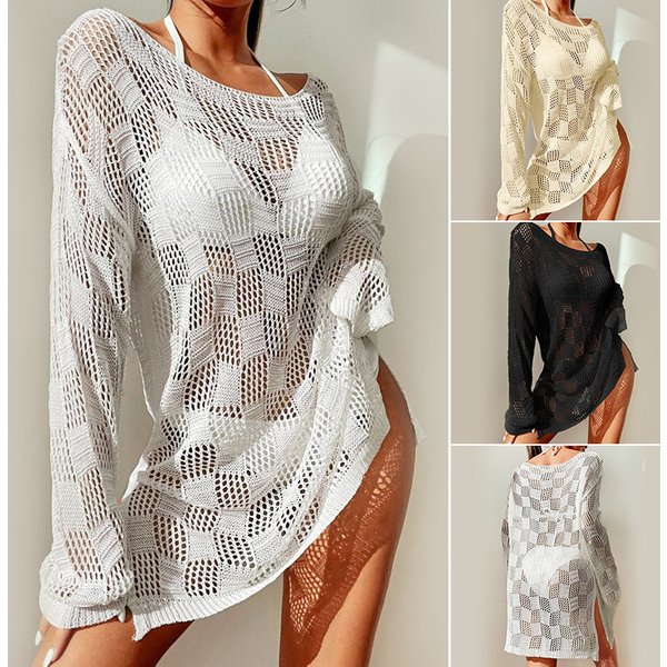 European And American Summer New Beach Dress Women's Solid Color Sexy Knitted Hollow Beach Bikini Swimsuit Blouse Sunscreen Clothing