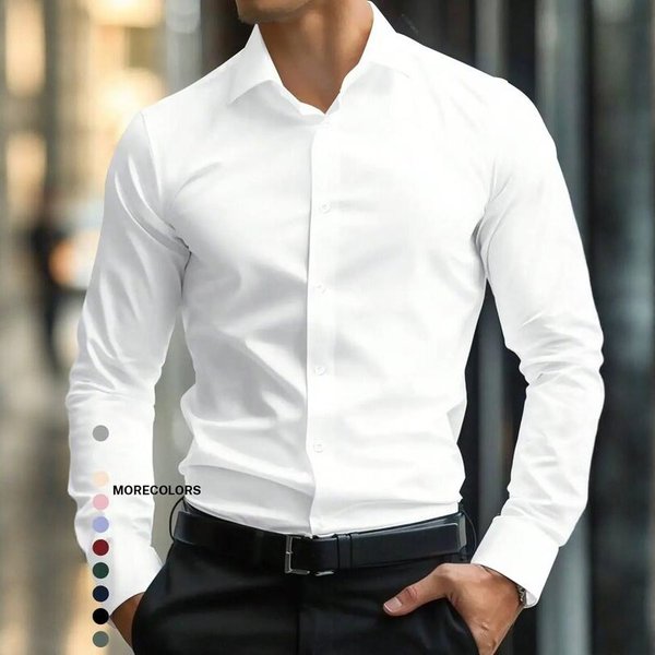 Men's Clothing Men's Long Sleeved Business Casual Shirt Four Way Stretch No Pockets Plus Size For Formal & Casual For Men-image