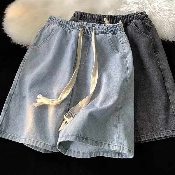 Men's Clothing Washed Distressed Denim Shorts Men's Summer Thin Shorts Retro Loose Straight Casual Mid Length Pants