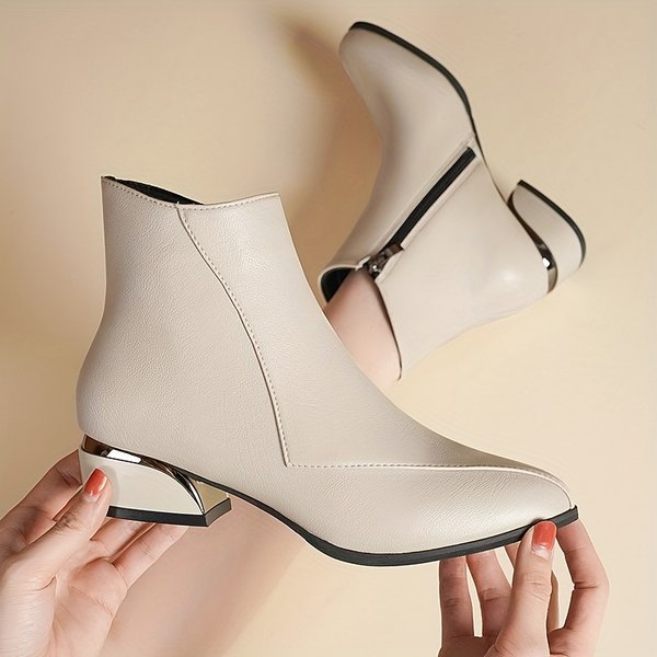 Women's Chunky Low Heeled Ankle Boots, Pointed Toe Stitching Side Zipper Boots, Casual All-Match Short Boots
