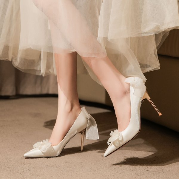 Women's Shoes Satin Stiletto Bow Rhinestone White High Heels Women's Shoes Wedding Banquet Wedding Shoes Bridesmaid Shoes-image