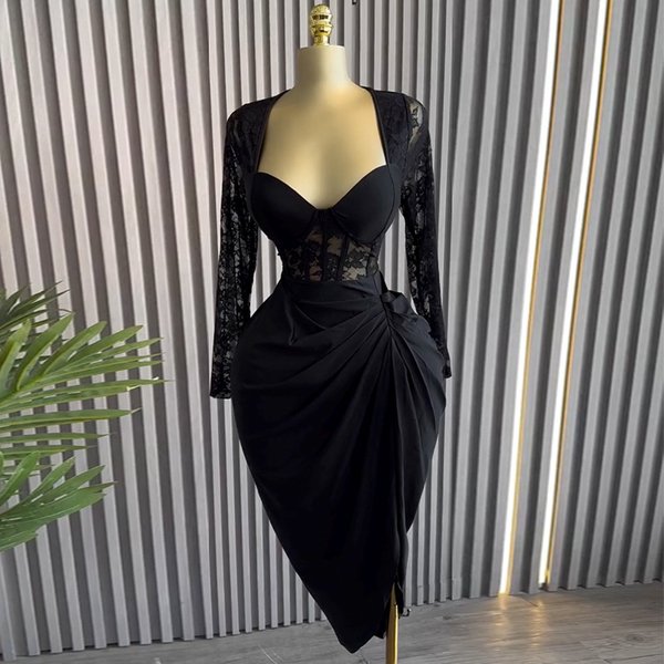 Women's Clothing Spring New Style Elegant Square Collar Lace Long Sleeve High Waist Slim Medium Length Dress