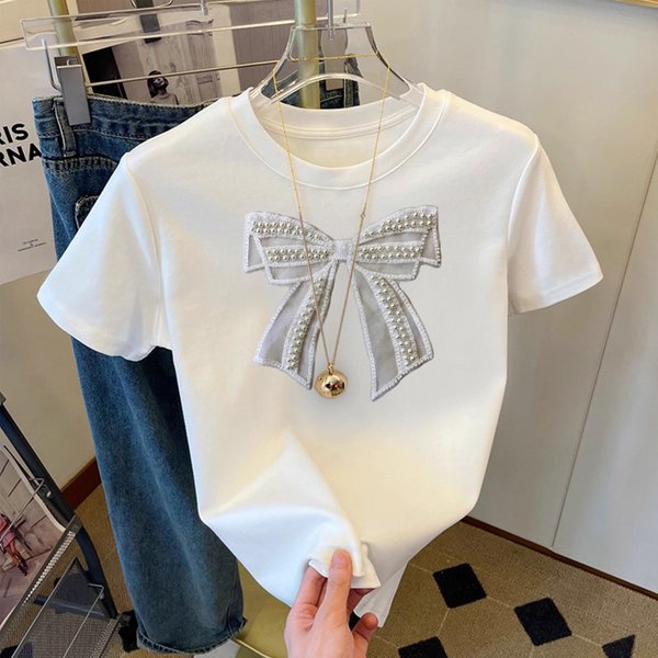 Women's White Printed T-Shirt Bow Decoration Short Sleeve Casual Top Trendy Summer Design Fashion All Match Ins Niche