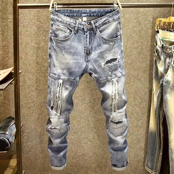 American Trendy Brand Jeans For Men, Slim Fit, Stretchy Narrow Leg Pants, Stylish, Handsome, Ripped, Scratched, Stitched, Patched Long Pants