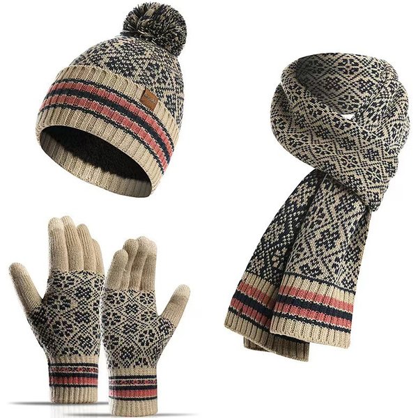 Special Supply Of New Foreign Trade Winter Warm Suit Acrylic Knitted Wool Hat Scarf Three Piece Set-image