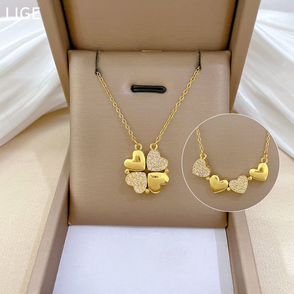 【 】 Women's New Necklace, Two Piece To Heart Opening Four Leaf Flower Full Diamond Versatile Clavicle Chain, Titanium-image