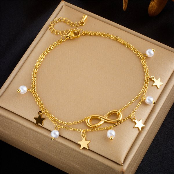 European and American popular fashion retro beach style multi-layer stacking personality tassel 8-shaped five-pointed star pendant metal anklet