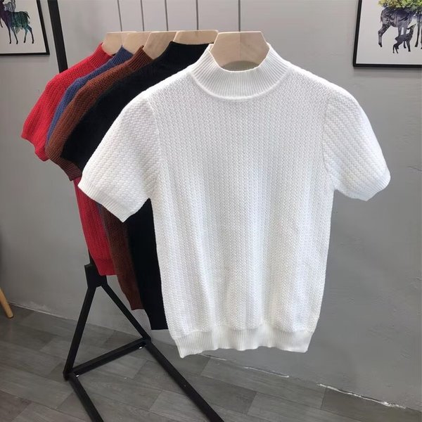 Men's Clothing New Version Of Slim Men's Half High Collar Knitted Short Sleeved T Shirt Men's Striped Mid Collar Bottoming Shirt Fashion-image