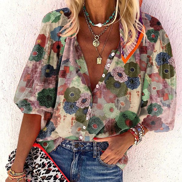 Floral Print Lapel Collar Blouse For Women, Loose Fit Casual Long Sleeve Top, Breathable Polyester Shirt For Office & Daily Wear