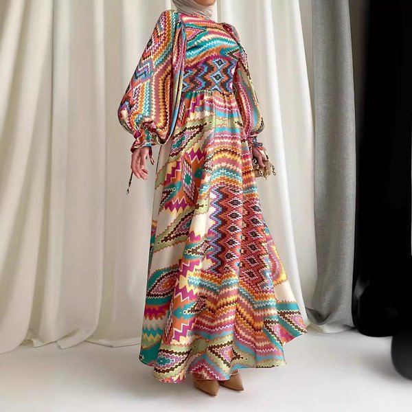 Women's Clothing New Abstract Print Long Stylish Elegant Loose Muslim Dress-image