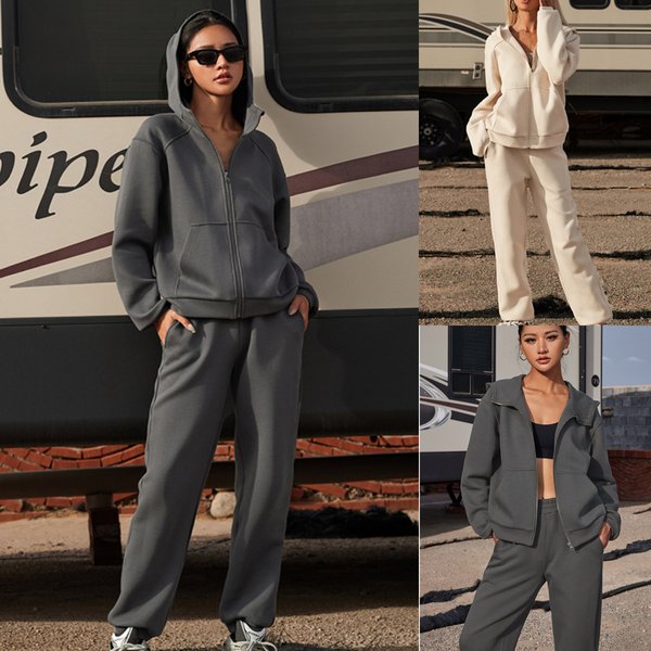 Women's Clothing Hooded Long Sleeve Jogger Set Casual Two-Piece Outfit Elastic Cuffs Streetwear Style, Soft Polyester-Spandex Blend (Dark Grey, Beige)-image