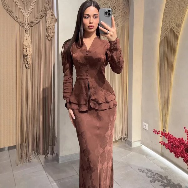 Vintage-Inspired Long Sleeve Maxi Dress – Slim Fit Modest Dress For Women (Dark Brown, S-XXL)-image