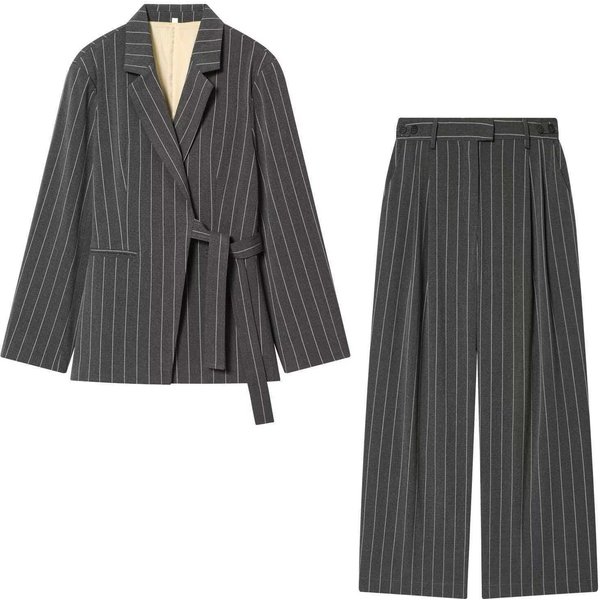 Women's Grey Pinstripe Blazer & Wide-Leg Pants Set – Elegant Office Suit With Belted Waist (Chic Two-Piece Formal Outfit, Professional & Stylish)-image