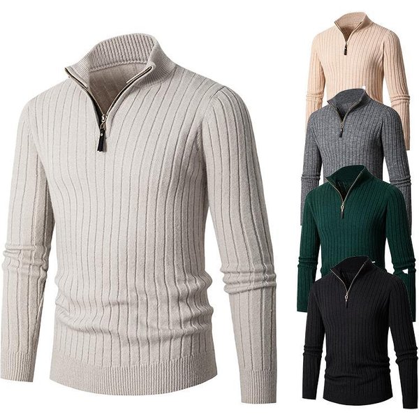 Large Size Men's Sweater Half Zipper Sweater For Young And Middle-Aged People Vertical Stripe Bottoming Sweater-image