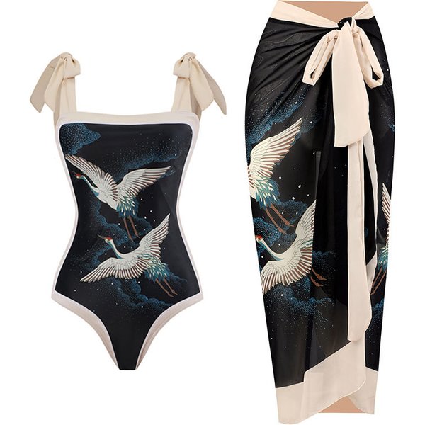 Swimwear Conservative One Piece Hot Spring Swimwear Set Women's Chiffon Cover Up-image