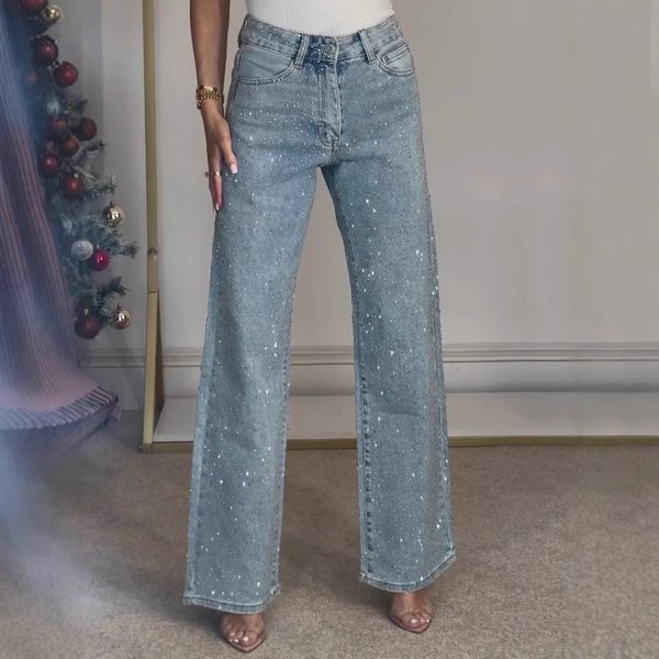 Women's Clothing Full Of Diamond Washed Jeans Ladies High End High Waist Straight Pants Hot Girl Trousers-image