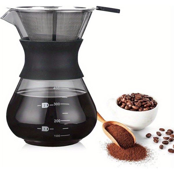 Pour Over Coffee Maker With Double-Layer Stainless Steel Filter, 400Ml/14Oz Hand Manual Coffee Dripper Brewer & Glass Coffee Pot (400ML/ 14Oz)-image