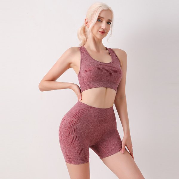 Seamless Yoga Clothes Two-Piece Vest Shorts Fitness Women's Backless Bra Top Set-image