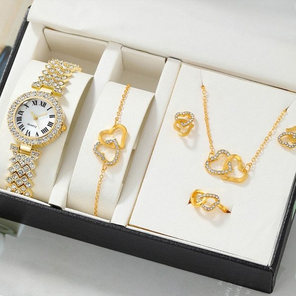 Elegant Heart-Shaped Jewelry Set For Women - Necklace, Bracelet, Earrings, Ring - Gold, Silver, Rose Gold-image