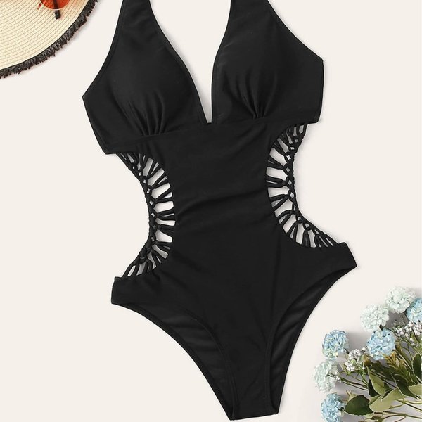 Women's Clothing Swimsuit Women's One Piece Solid Color Lace Up Hollow Sexy Backless Bikini Beach Vacation Swimsuit-image