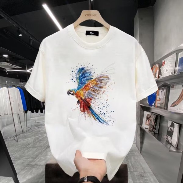 Men's Clothing European Goods Parrot Print Short Sleeved T Shirt Men's Summer Men's Slim Short Sleeved Cotton Round Neck Half Sleeved T Shirt Couple-image