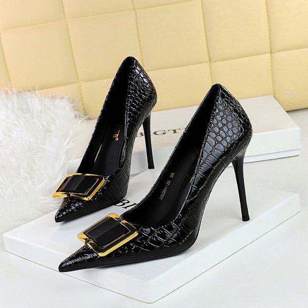 Women's Skinny Heels Vintage Stone Patent Leather Pointed Belt Buckle Decorative Single Shoes-image